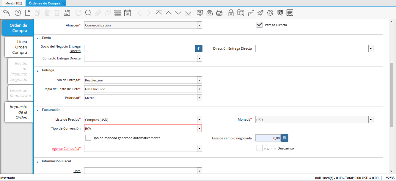 campo tipo de conversión orden multimoneda