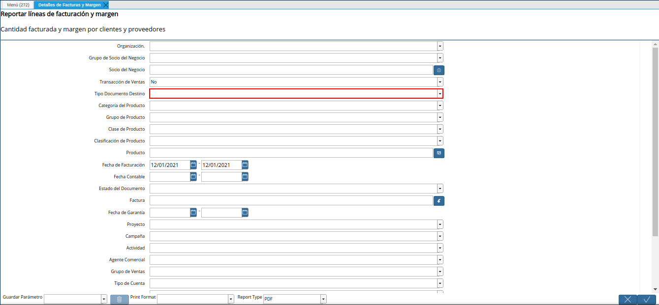 campo tipo de documento destino del reporte detalles de facturas y margen