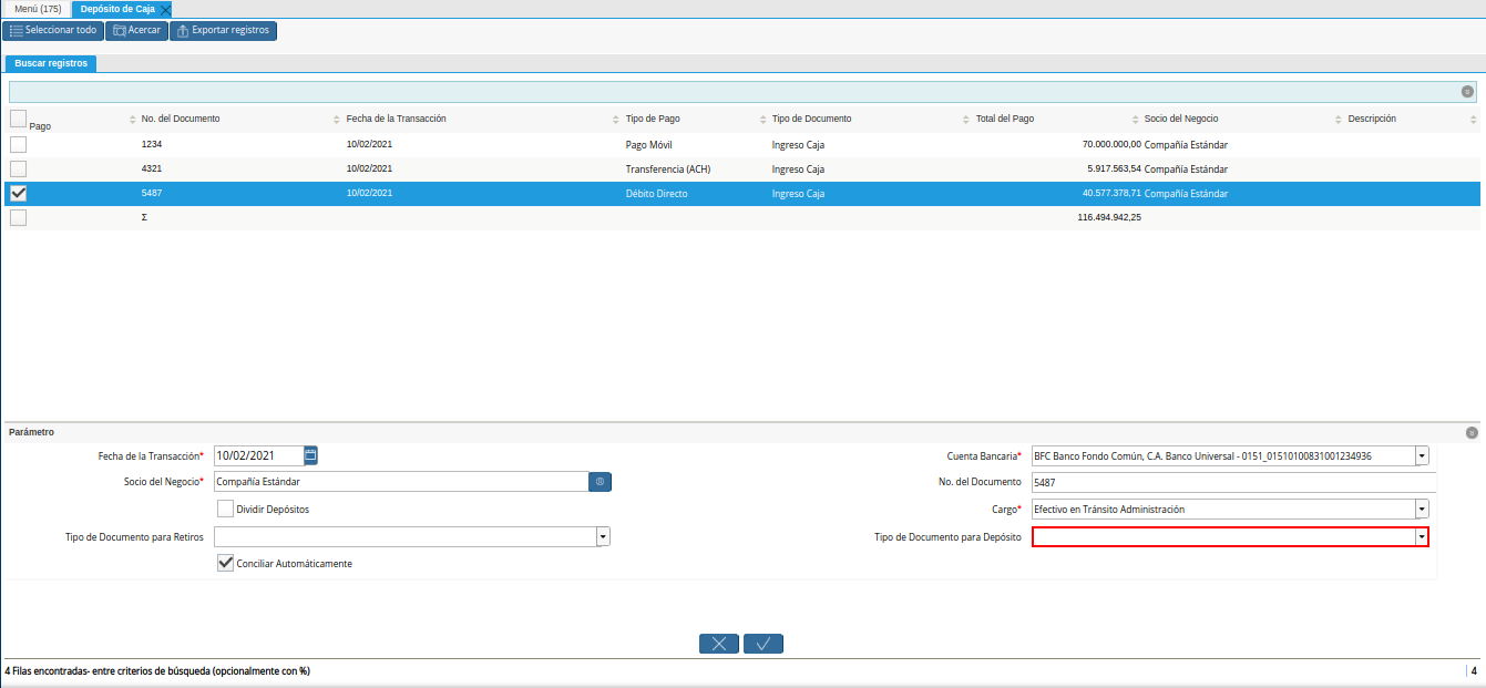 campo tipo de documento para deposito de la ventana deposito a caja