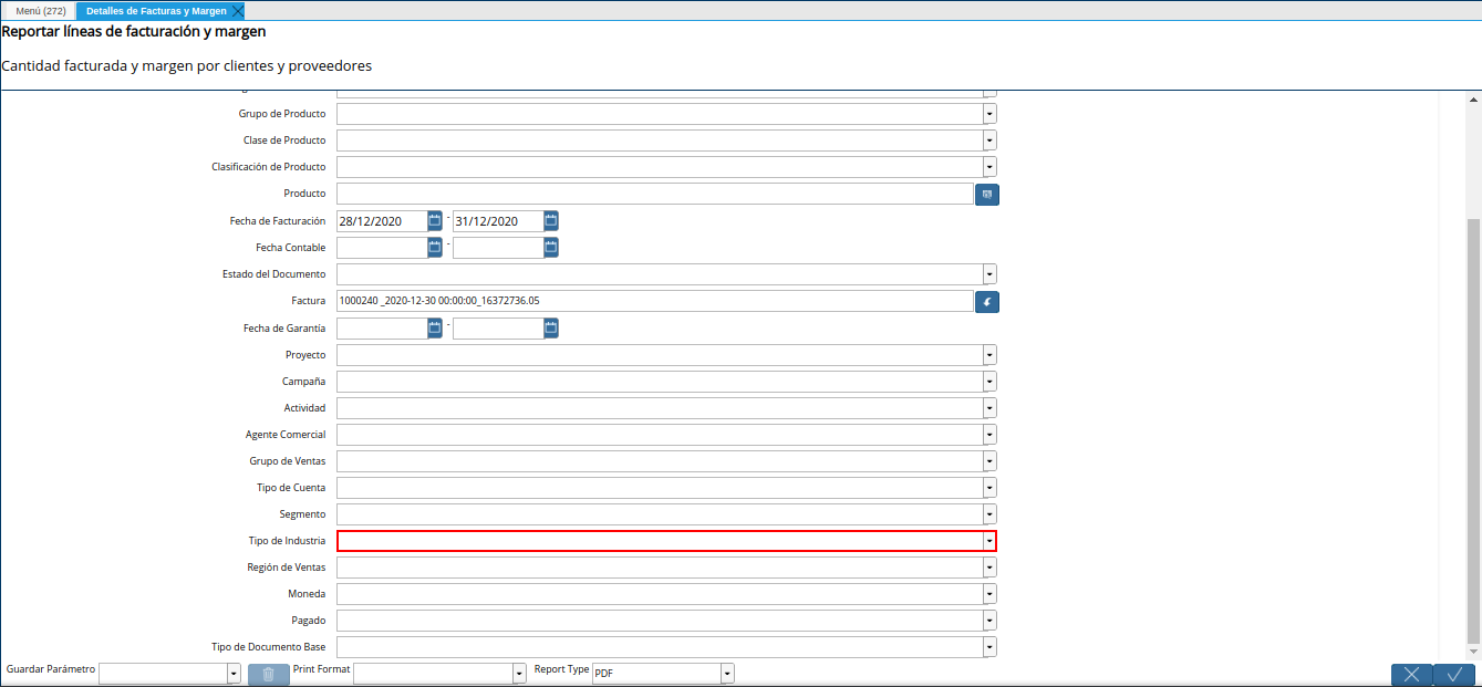 campo tipo de industria del reporte detalles de facturas y margen