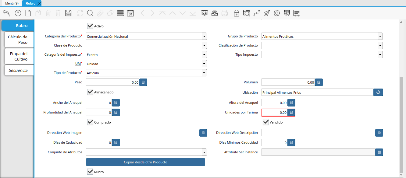 Campo Unidades por Tarima