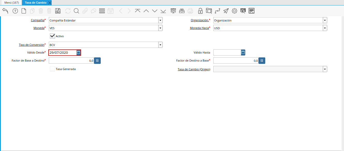 campo válido desde de la tasa de cambio