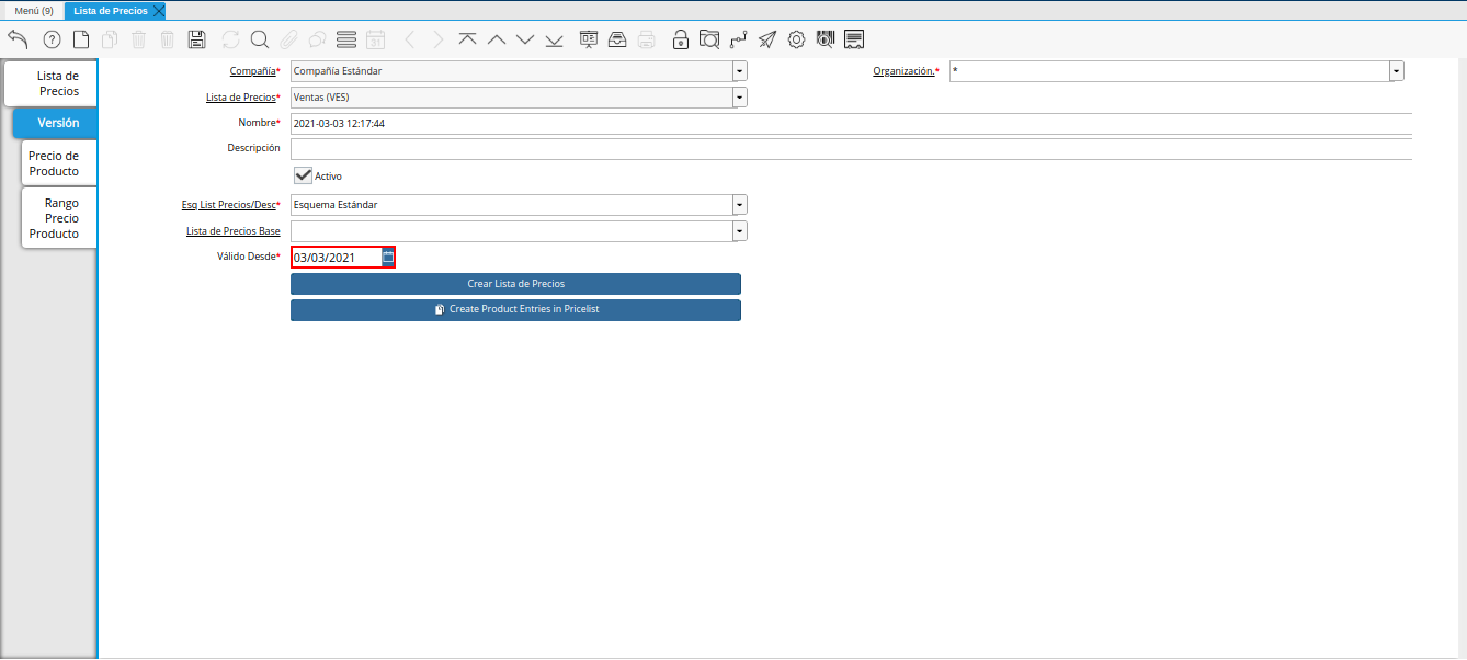 campo válido desde para lista de precios desde última oc procesada