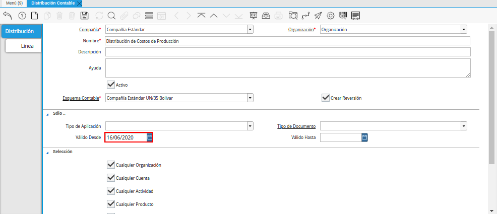 Campo Válido Desde de la Ventana Distribución Contable