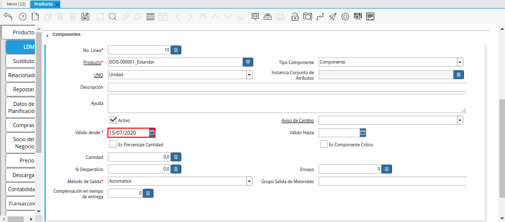 Campo Válido Desde de la Pestaña ldm del Producto Estándar para Producción