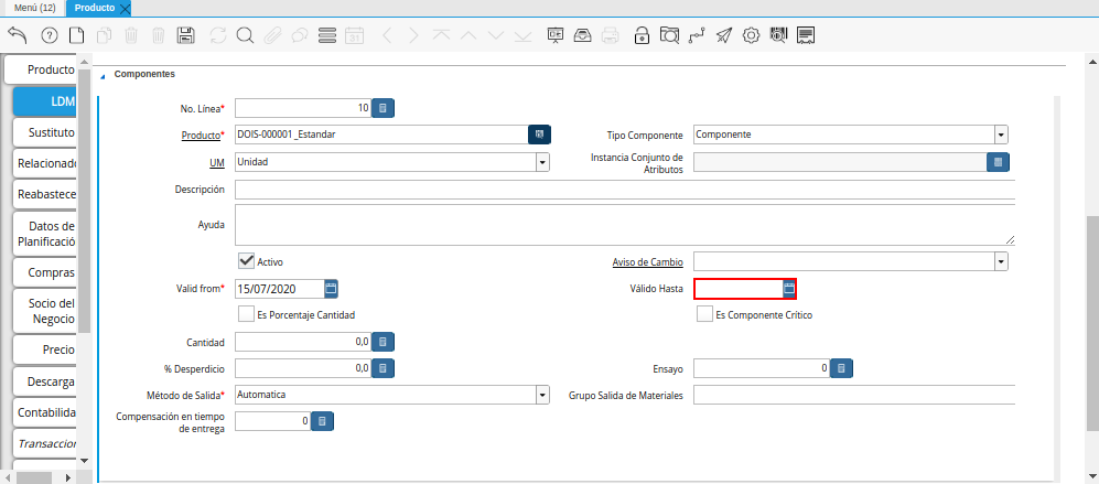 Campo Válido Hasta de la Pestaña ldm del Producto Estándar para Producción