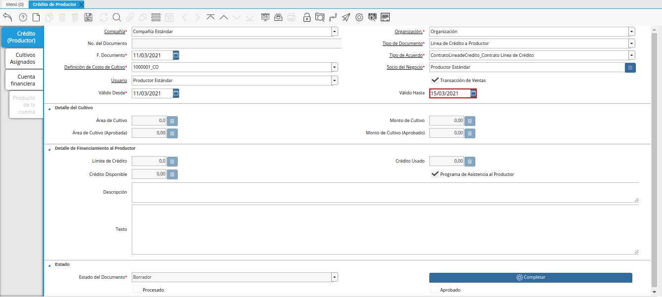 campo válido hasta de la ventana crédito del productor