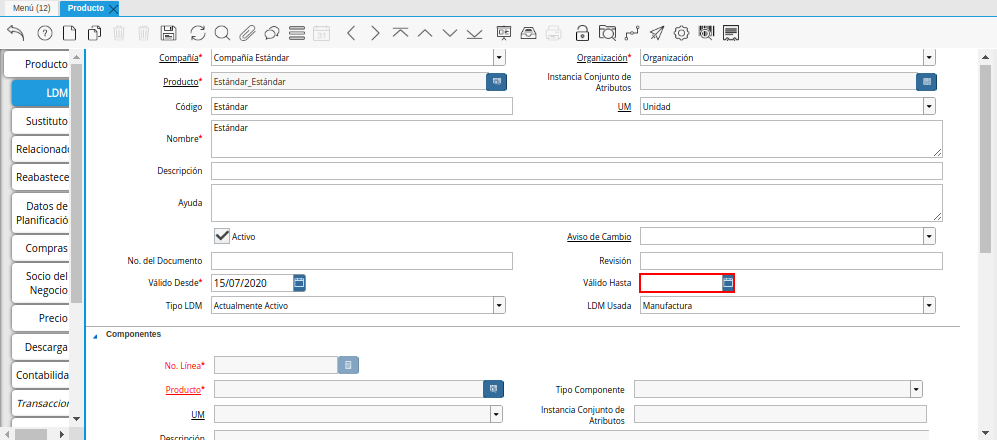 Campo Válido Hasta del Producto de la Pestaña LDM