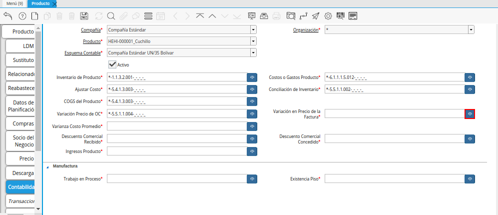 Campo Variación en Precio de la Factura