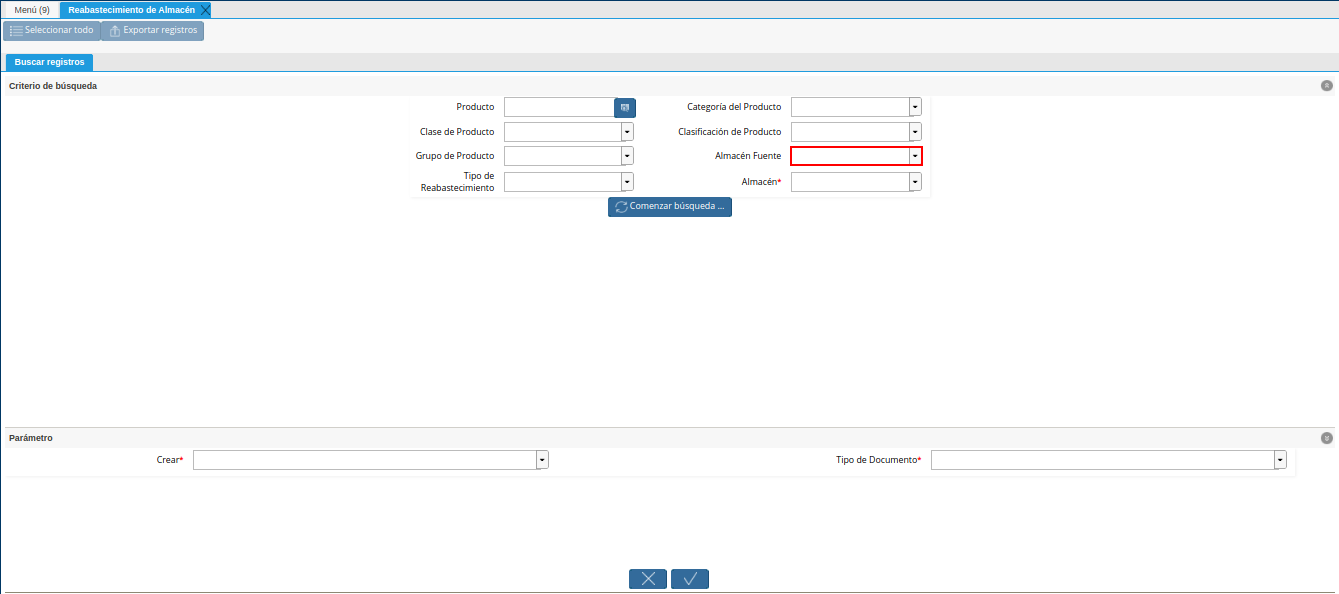 campo almacén fuente de la ventana reabastecimiento de almacén