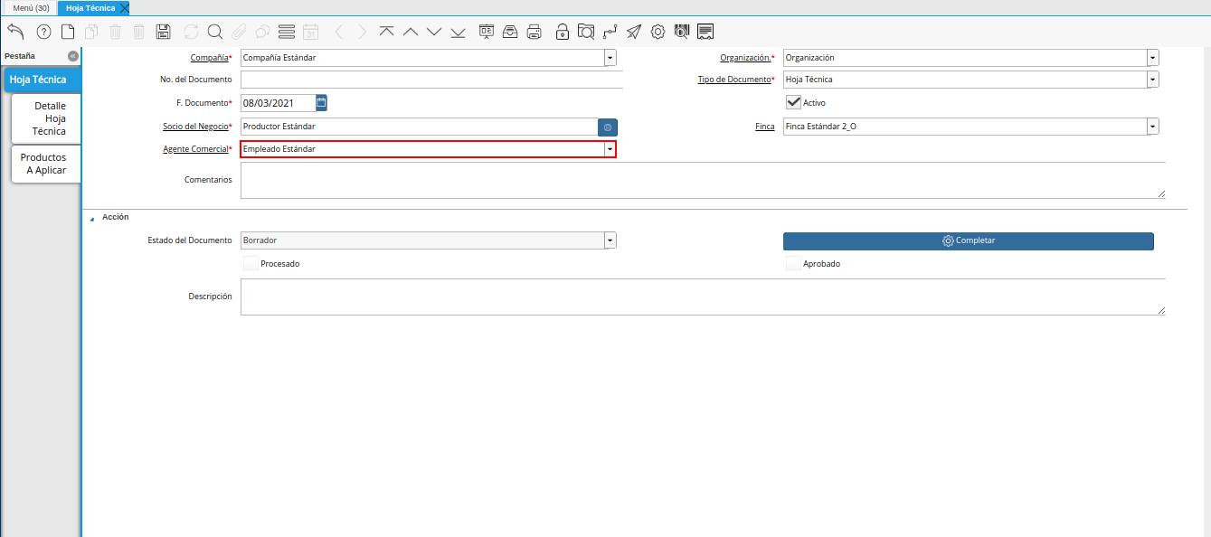campo agente comercial de la ventana hoja técnica