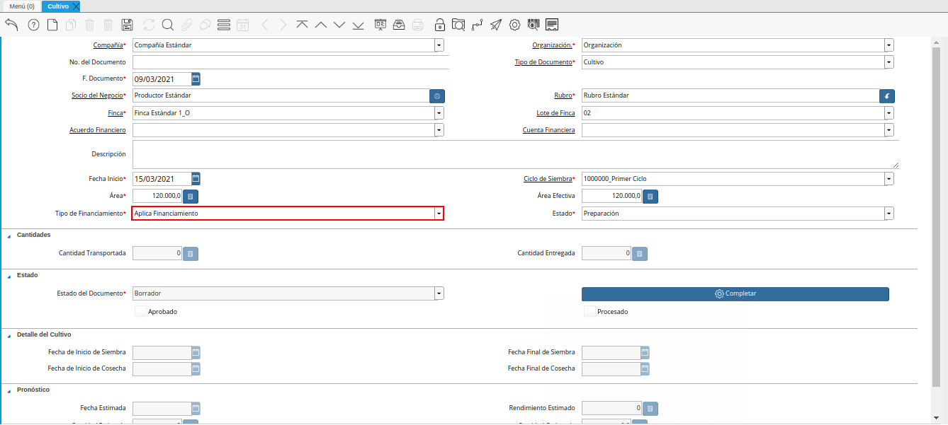 campo tipo de financiamiento de la ventana cultivo