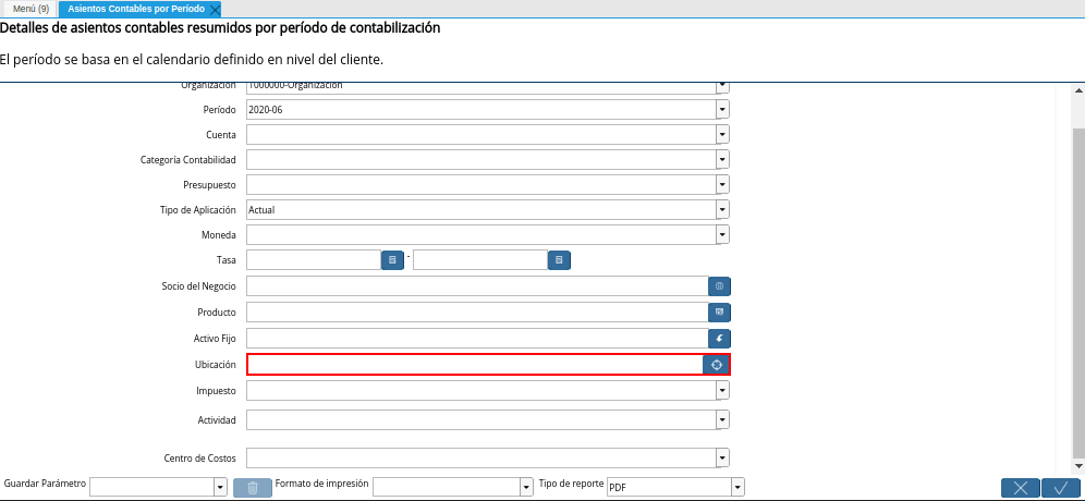 Campo Ubicación de la Ventana Asientos Contables por Período