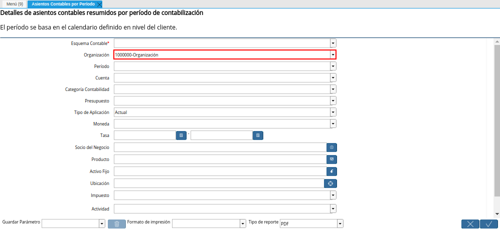 Campo Organización de la Ventana Asientos Contables por Período