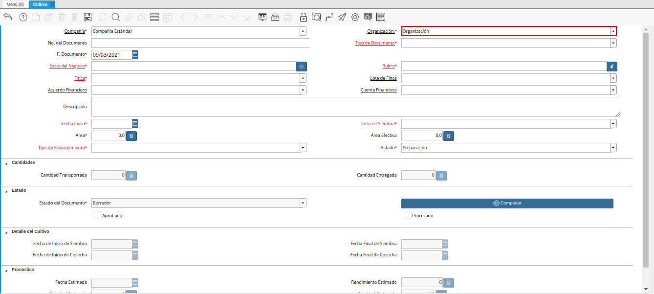 campo organización de la ventana cultivo