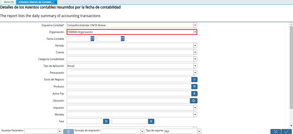 Campo Organización de la Ventana Asientos Diarios de Contabilidad