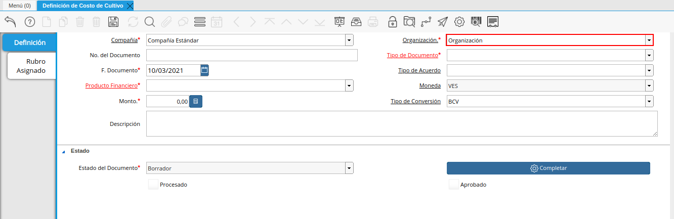 campo organización de la ventana definición de costo de cultivo