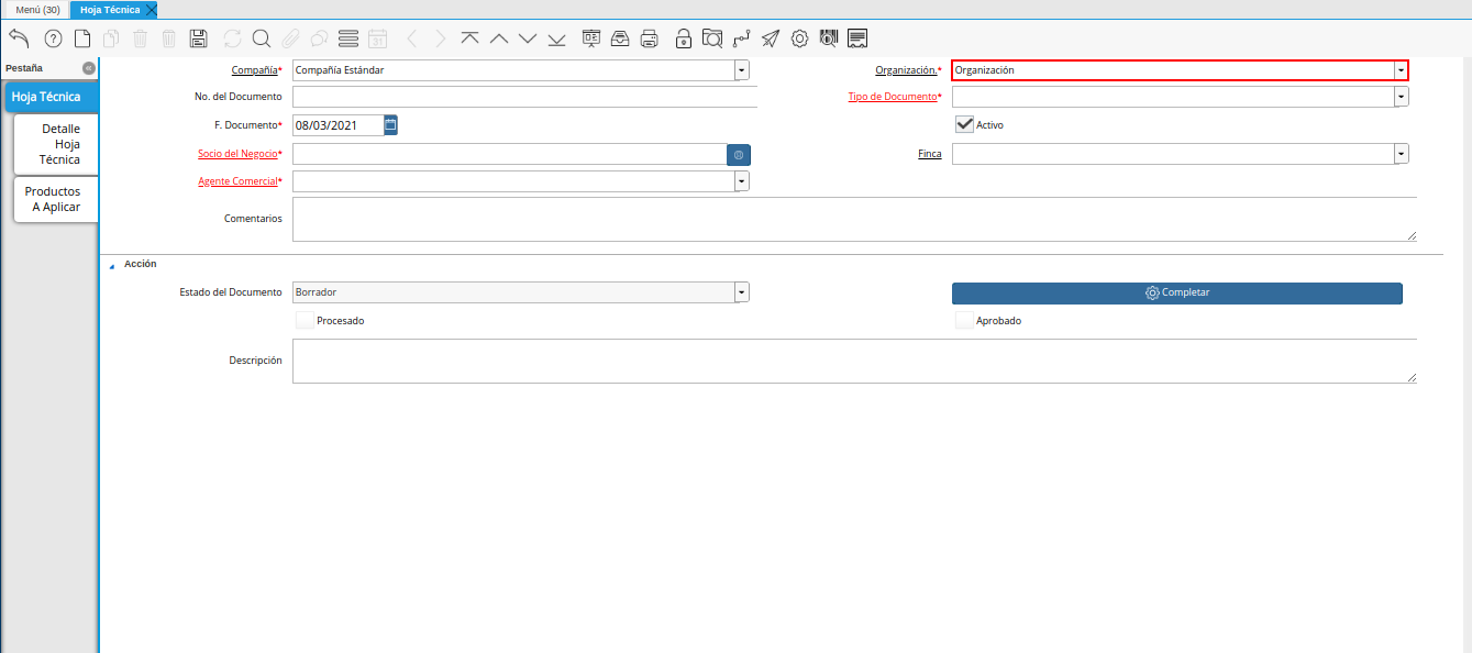 campo organización de la ventana hoja técnica