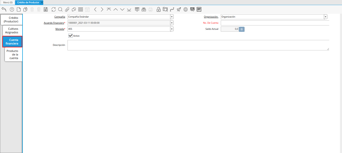 pestaña cuenta financiera de la ventana crédito del productor