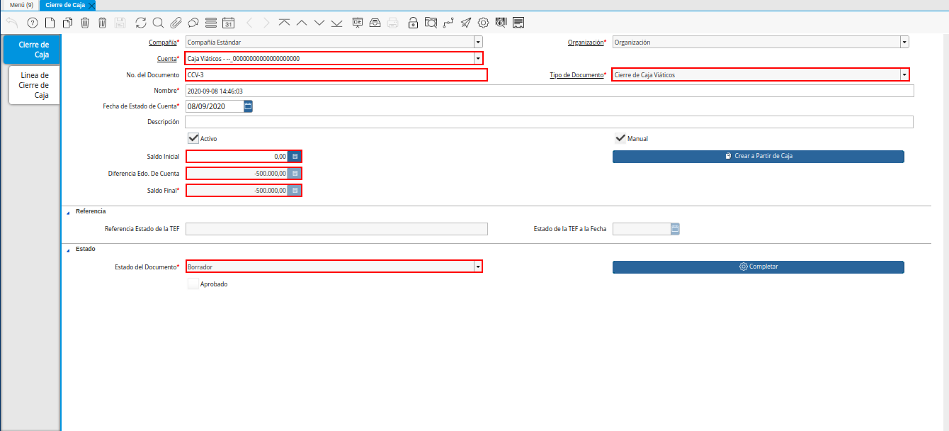 primer cierre de caja gasto mayor a viáticos