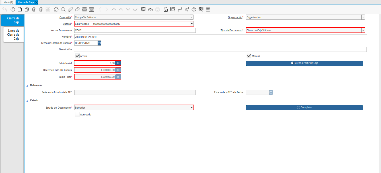 primer cierre de caja viáticos mayor al gasto
