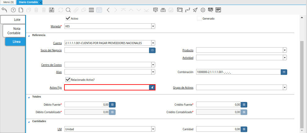 Campo Activo Fijo de la Pestaña Línea de la Ventana Diario Contable
