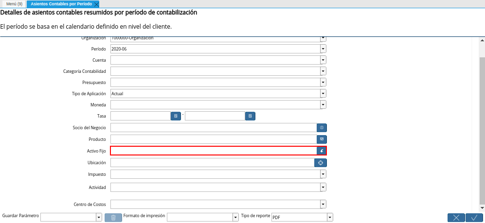 Campo Activo Fijo de la Ventana Asientos Contables por Período