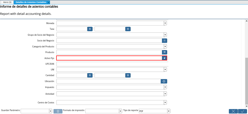 Campo Activo Fijo de la Ventana Detalles de Asientos Contables