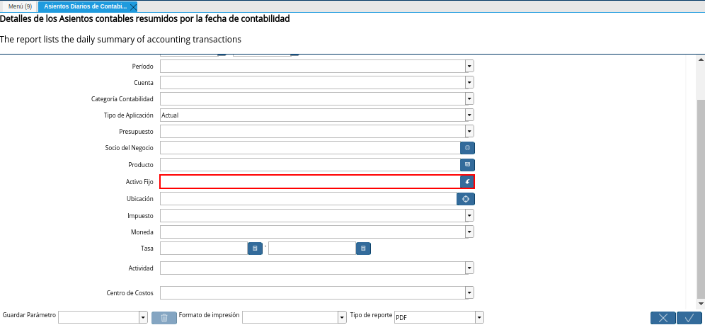 Campo Activo Fijo de la Ventana Asientos Diarios de Contabilidad