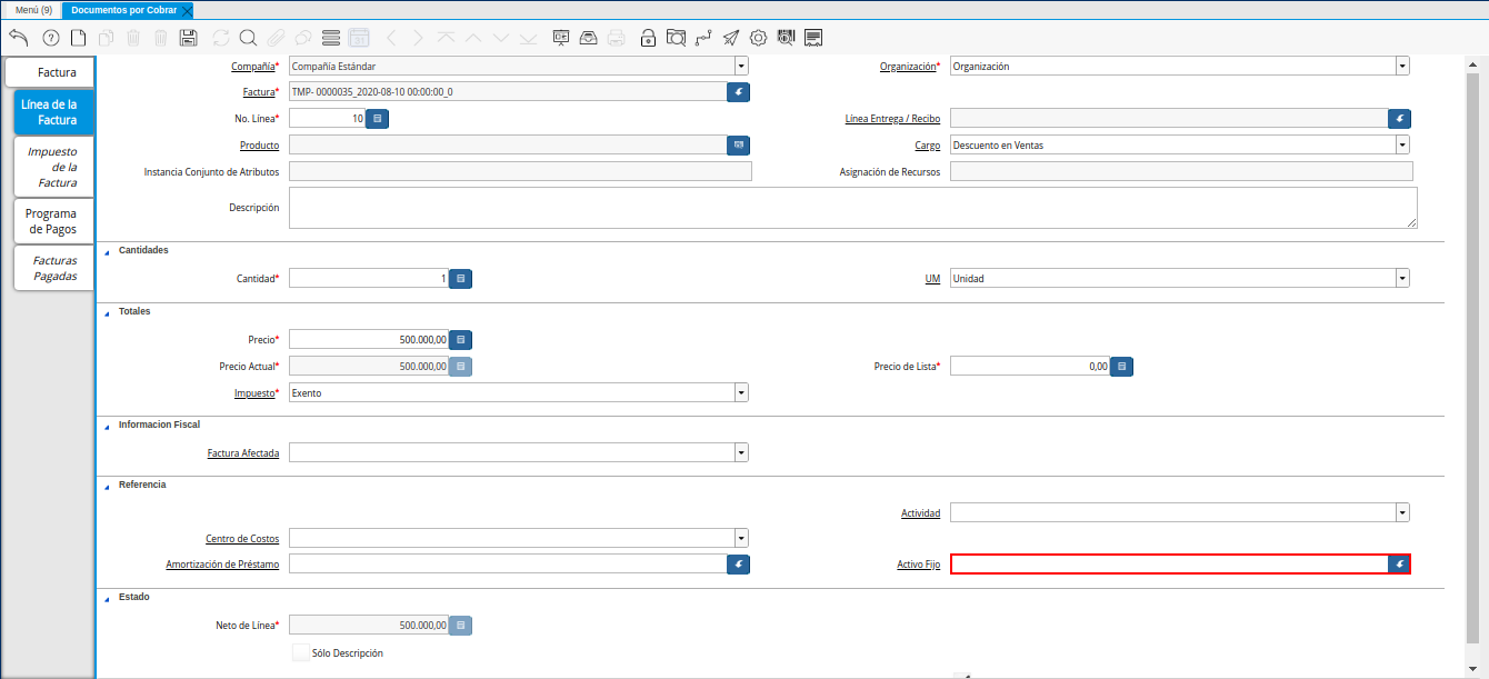 Campo Activo Fijo de la Nota de Crédito de CxC