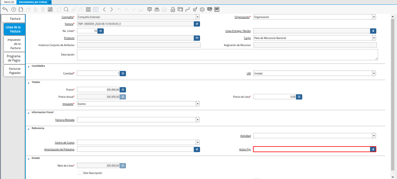 Campo Activo Fijo de la Nota de Débito de CxC
