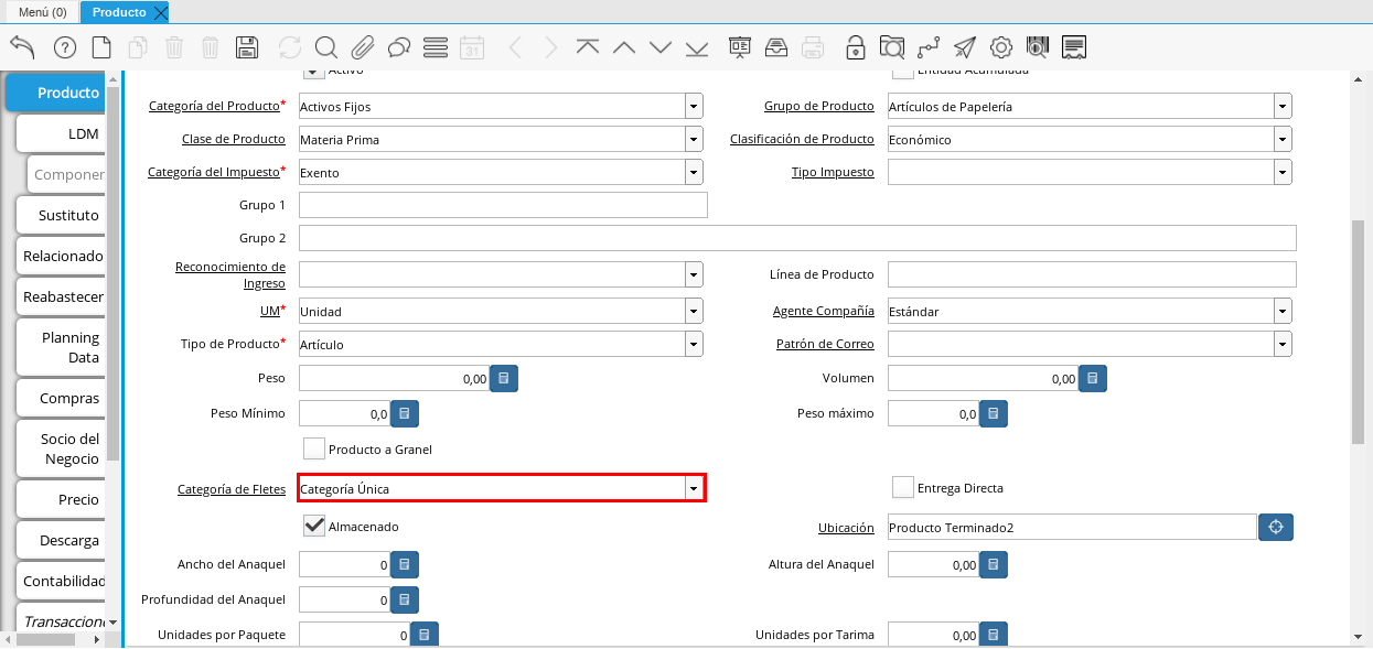 Campo Categoría de Fletes