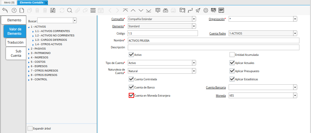 Checklist Cuenta en Moneda Extranjera de la Pestaña Valor de Elemento de la Ventana Elemento Contable