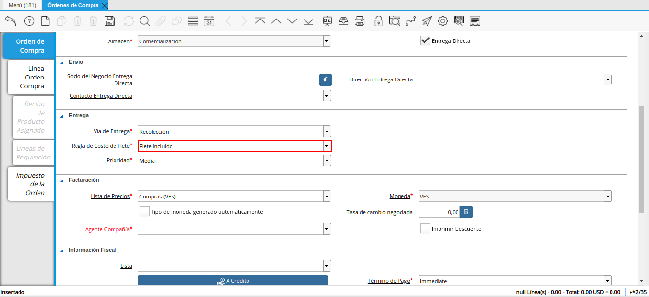 campo regla de costo de flete orden multimoneda