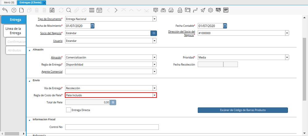 Campo Regla de Costo de Flete de la Ventana Entregas Cliente