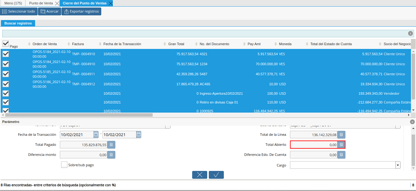 Campo Total Abierto de la Ventana Cierre de Caja del Punto de Venta