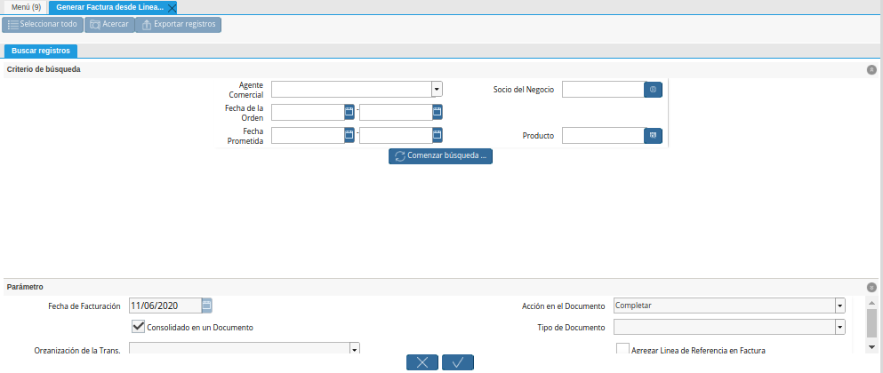 Ventana Generar Factura desde Líneas de la Orden
