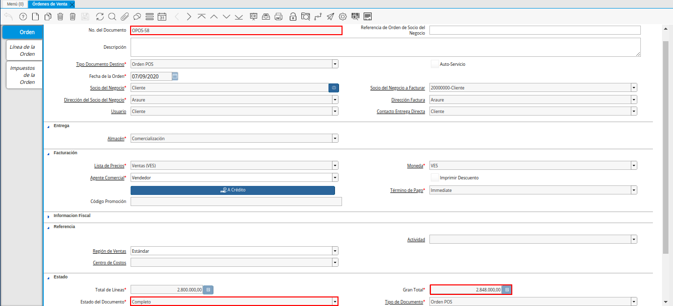 consulta de orden de venta generada
