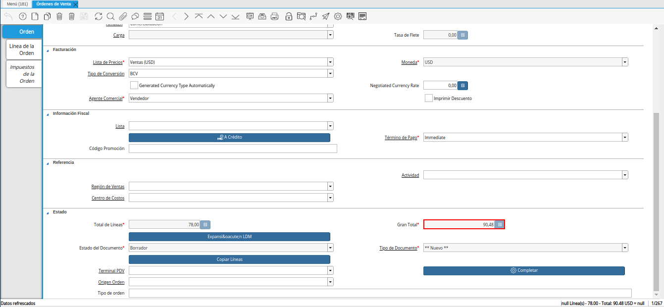 campo gran total de la ventana órdenes de venta