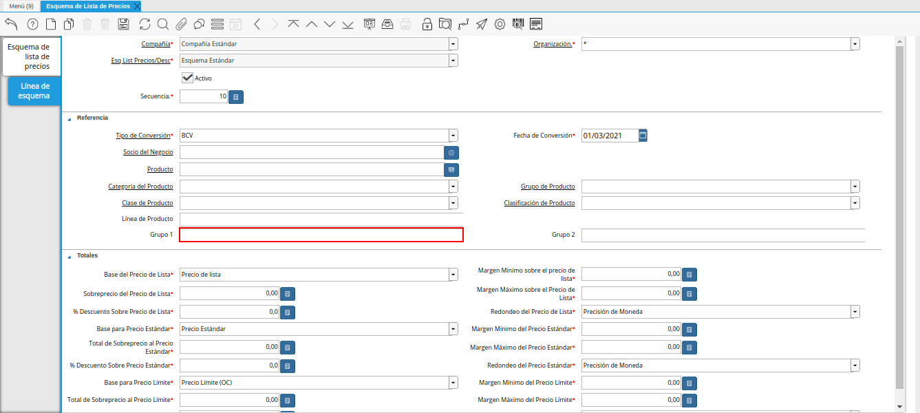 campo grupo uno de la pestaña línea de esquema