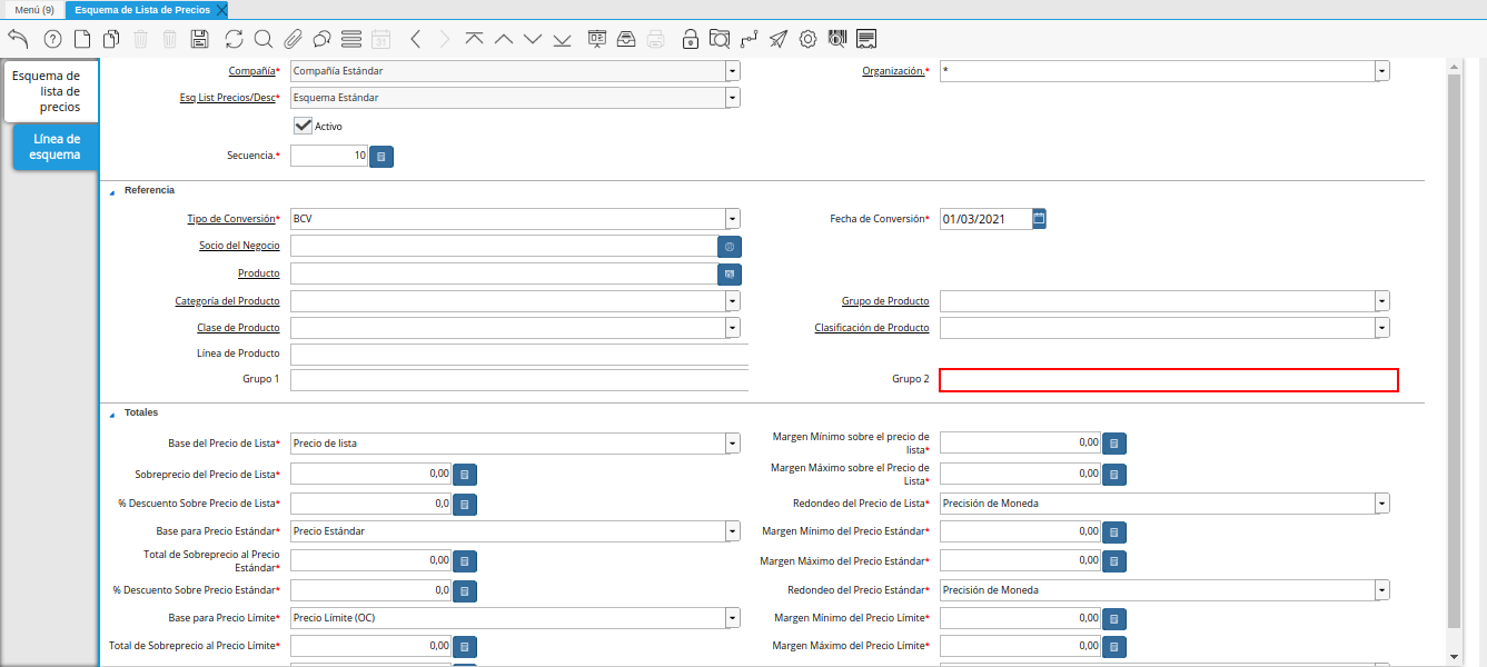 campo grupo dos de la pestaña línea de esquema