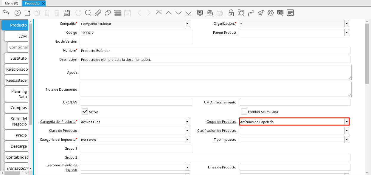 Campo Grupo de Producto