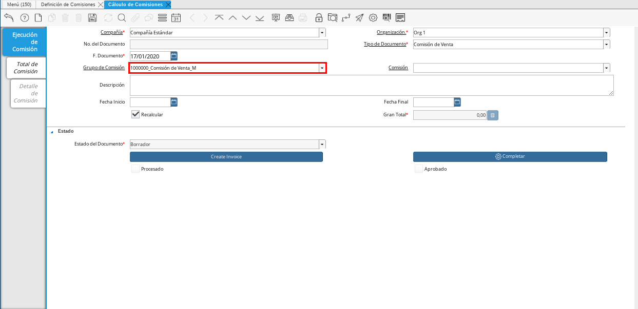 Campo Grupo de Comisión
