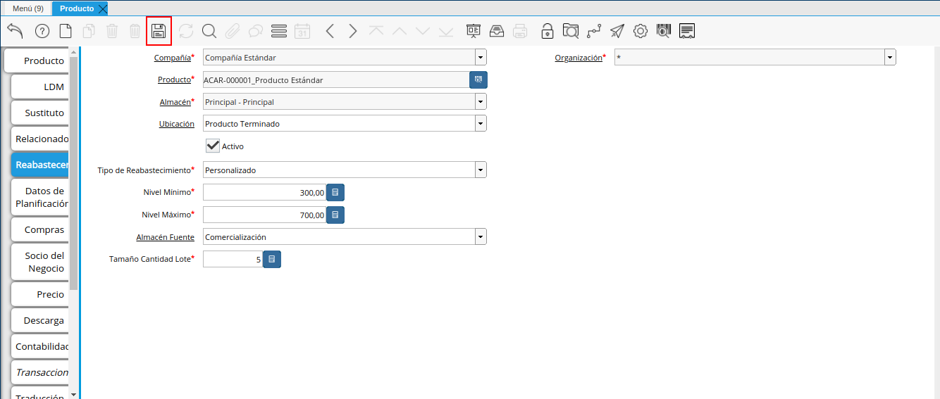 Icono Guardar Cambios Pestaña Reabastecer