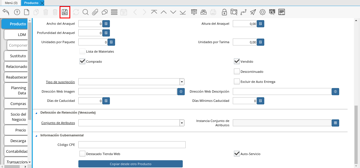 Icono Guardar Cambios Pestaña Producto