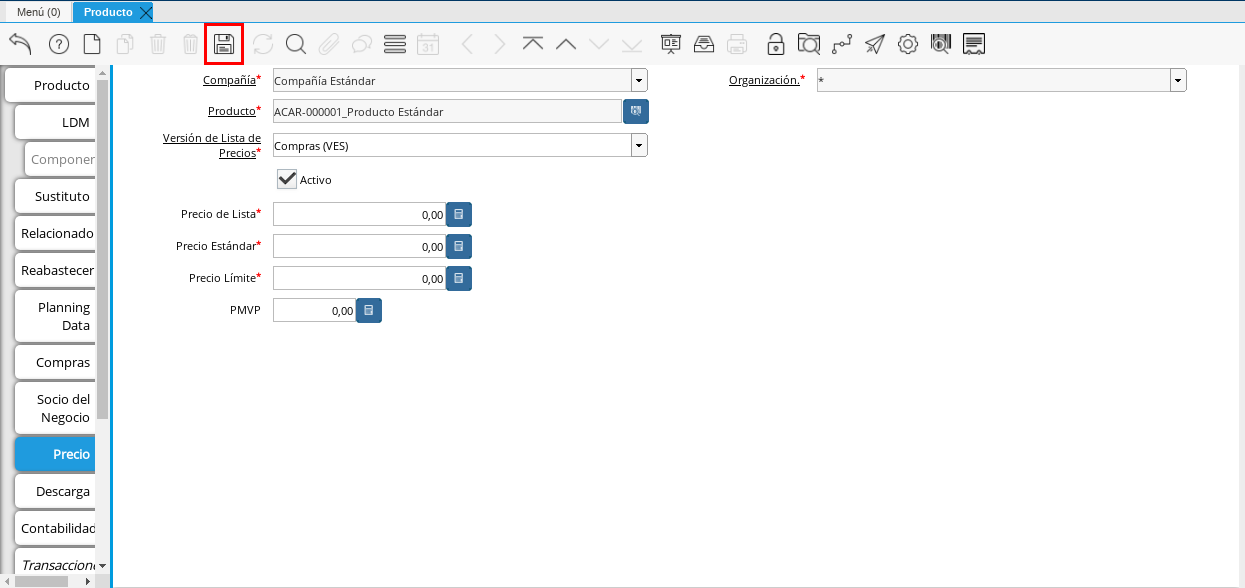 Icono Guardar Cambios Pestaña Precio