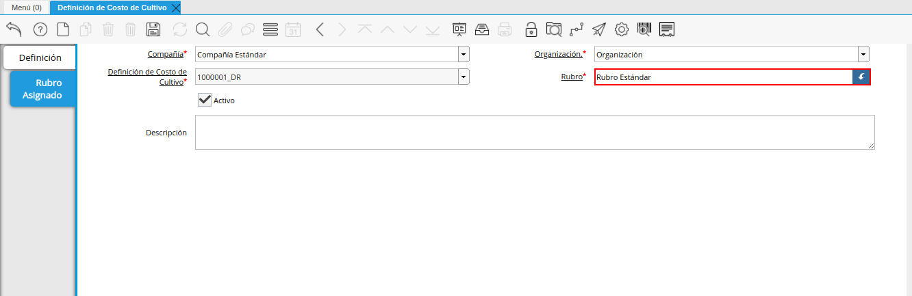 campo rubro de la pestaña rubro asignado de la ventana definición de costo de cultivo