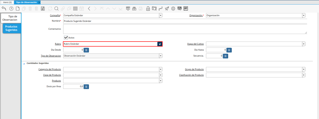 campo rubro de la pestaña productos sugeridos de la ventana tipo de observación