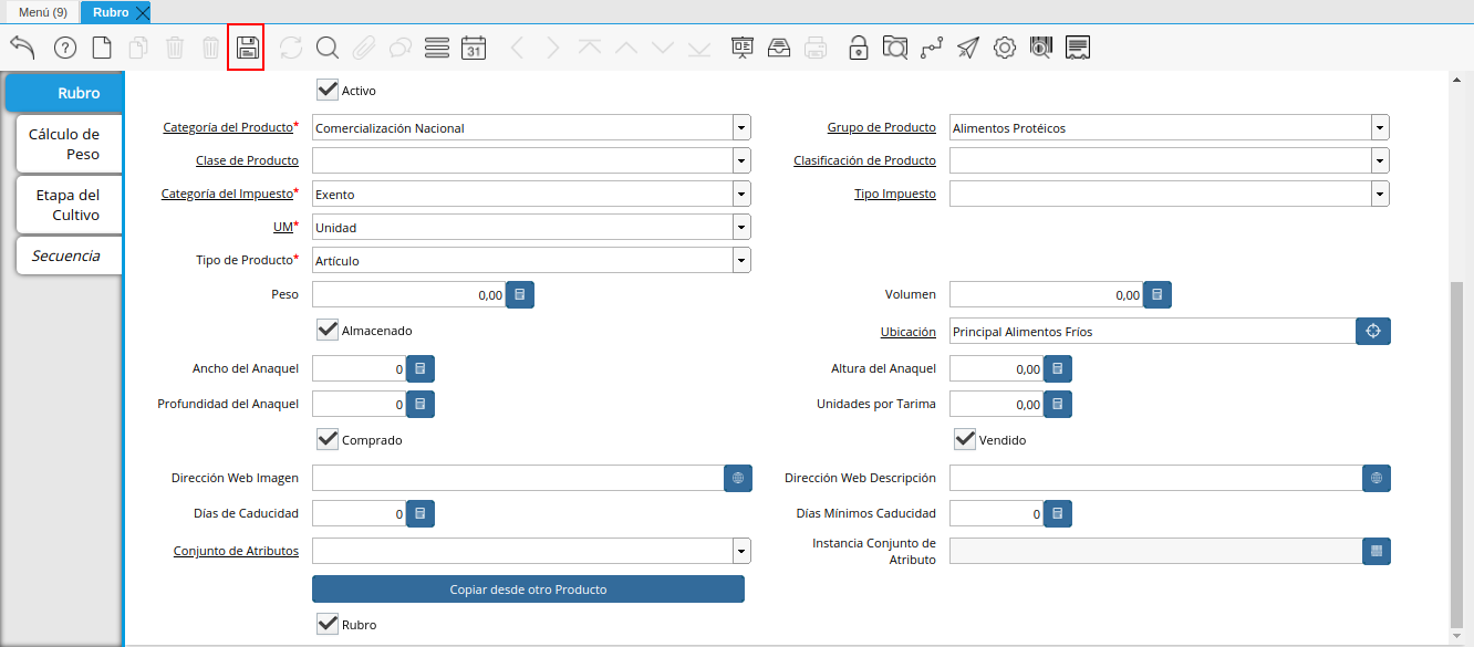 Icono Guardar Cambios Pestaña Rubro