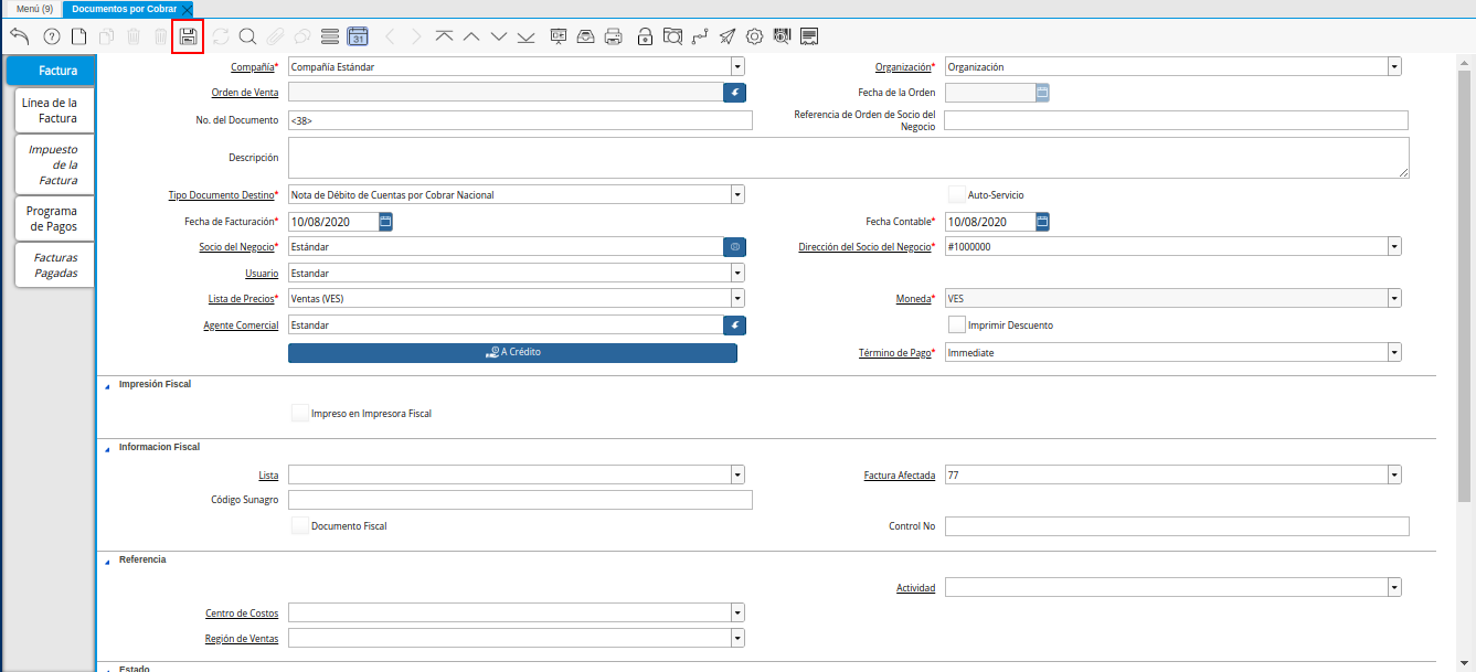 Icono Guardar Cambios de la Nota de Débito de CxC